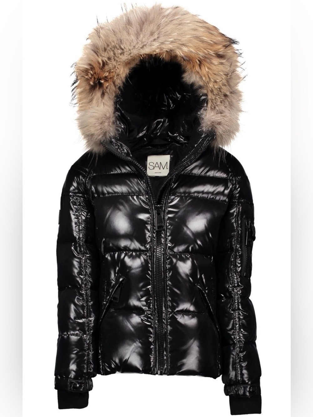 SAM. Blake Black Glossy Puffer Jacket with Real Fur-Trim Hood Size XS
